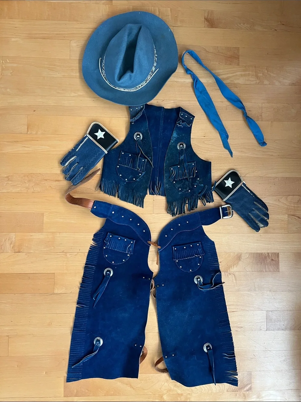 🤠2T-3T Vtg 70s Sears Blue Suede Kids Cowboy Costume Set Vest Chaps Ranchtone Hat